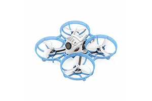 BetaFPV Meteor75 Pro FPV drone with a light blue propeller guard frame and white canopy, viewed from a high angle.