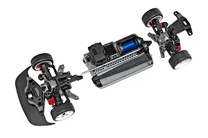 Exploded view of a Traxxas 4-Tec 2.0 RC car chassis showing the front and rear suspension modules separated from the central battery and motor tray.