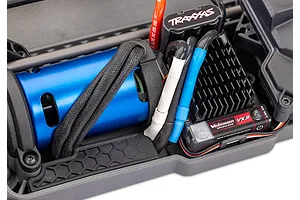 Close-up of the Traxxas Velineon brushless motor and VXL-3s electronic speed control inside a 4-Tec 2.0 RC car chassis.