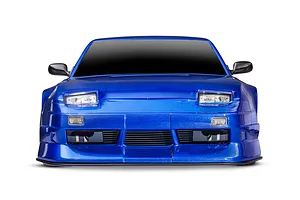 Front view of a blue Traxxas 4-Tec 2.0 Nissan 240SX RC drift car body shell with pop-up headlights and a detailed front bumper.
