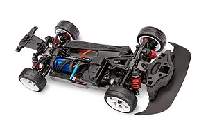 Top-down view of a Traxxas 4-Tec 2.0 RC car chassis without the body shell, showing the motor, suspension, and wheels on a white background.