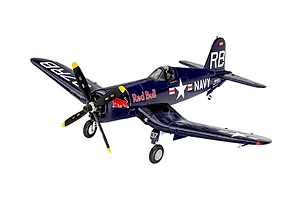 A fully assembled and painted 1/48 scale Revell F4U-4 Corsair model aircraft in Flying Bulls livery, featuring a dark blue finish with Red Bull branding.