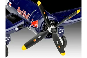 Close-up of a Revell 1/48 scale F4U-4 Corsair model aircraft painted in Red Bull livery with number 37 on the landing gear doors.