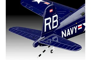 Close-up of the tail section of a dark blue F4U-4 Corsair model aircraft with 'RB' markings and a small Austrian flag decal.