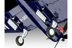 Close-up of the underside of a 1/48 scale F4U-4 Corsair model aircraft featuring Flying Bulls branding and Red Bull logo.