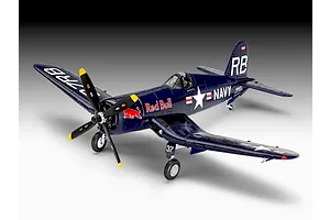 A fully assembled and painted 1/48 scale Revell F4U-4 Corsair model aircraft in Flying Bulls livery with dark blue paint and Red Bull branding.