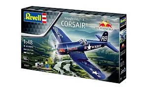 Revell 1/48 scale Vought F4U-4 Corsair Flying Bulls model kit box showing a dark blue fighter plane flying over a landscape.