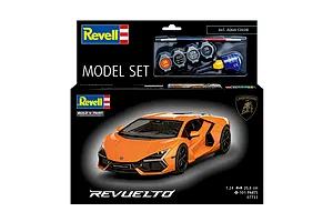Revell 1/24 scale Lamborghini Revuelto model kit box featuring an orange car, paint pots, glue, and a brush.