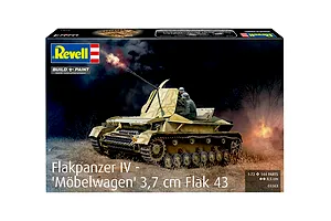 Revell 1/72 scale Flakpanzer IV Mobelwagen plastic model kit box art showing a camouflaged tank firing in a battlefield scene.