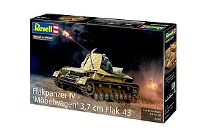 Revell 1/72 scale Flakpanzer IV Mobelwagen plastic model kit box art showing a tank firing in a battlefield scene.