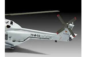 Close-up of the tail section of a finished Revell NH90 NFH Navy helicopter model kit, showing German Navy markings and tail rotor.