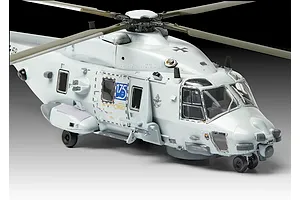 A completed 1/72 scale plastic model of a grey NH90 NFH Navy helicopter, featuring detailed decals and rotor blades, set against a neutral studio background.