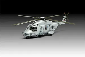 A 1/72 scale plastic model of a German Navy NH90 NFH helicopter, painted in light grey with detailed markings, shown against a gradient background.