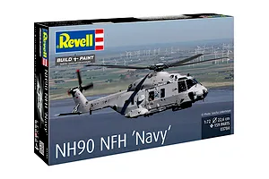 Revell 1/72 scale NH90 NFH Navy helicopter plastic model kit box showing a grey military helicopter flying over a coastal landscape.