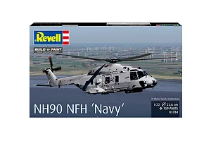 Revell 1/72 scale NH90 NFH Navy helicopter model kit box art featuring a grey military helicopter in flight over a coastal landscape.