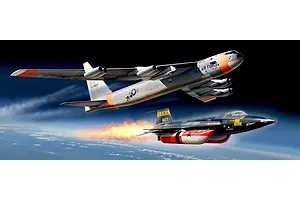 Digital illustration of a Boeing NB-52 Stratofortress carrying a North American X-15 rocket plane in flight above the clouds.