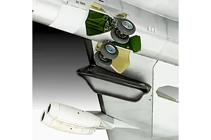 Close-up of the landing gear and undercarriage detail on a 1/72 scale Revell Boeing NB-52 Stratofortress model aircraft.
