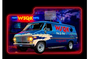 Box art illustration of the Revell Stranger Things Squawk Van, a blue radio station van with eagle graphics, a roof antenna, and neon-style signage.