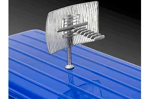Close-up of a silver-colored antenna assembly mounted on the blue ribbed roof of a model vehicle.