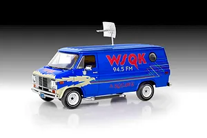 A 1/25 scale model of the blue WSQK 94.5 FM radio station van from Stranger Things, featuring a roof-mounted antenna and custom eagle graphics.