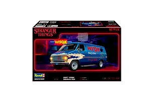 Product packaging for a Revell 1/25 scale GMC WSQK Squawk Van model kit from the Stranger Things series, featuring a blue van with radio station branding.