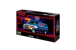 Revell 1/25 scale Stranger Things WSQK Squawk Van plastic model kit box, featuring a blue van with radio station graphics on a dark background.
