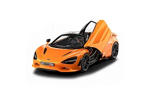 A studio shot of a 1/24 scale Revell McLaren 750S plastic model car in bright orange with open dihedral doors.