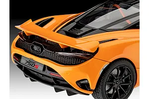 Close-up of the rear three-quarter view of an orange McLaren 750S scale model car, showing the spoiler, taillights, and rear diffuser.