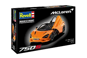 Revell 1/24 scale McLaren 750S plastic model kit box, featuring an orange McLaren sports car with open doors on a black background.
