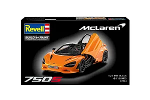 Revell 1/24 scale McLaren 750S plastic model kit box featuring an orange McLaren sports car with open doors.