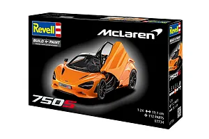 Revell 1/24 scale McLaren 750S plastic model kit box featuring an orange sports car with open doors on a black background.