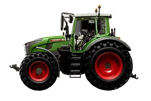 A side profile view of a green and grey Fendt 728 Vario tractor model kit with large black tires and red rims against a white background.