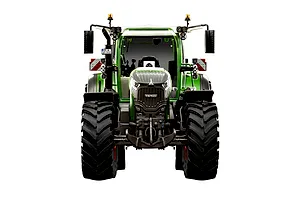 Front view of a 1/24 scale Revell Fendt 728 Vario tractor model kit, showing detailed green bodywork, large black tires, and cabin features.