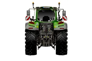 Rear view of a green and grey Fendt 728 Vario tractor model kit against a white background.