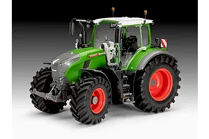 A studio shot of a 1/24 scale Revell Fendt 728 Vario tractor model kit, featuring a green body, grey hood, and large black tires with red rims.