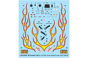 A decal sheet for a 1/25 scale Revell '68 Corvette L-88 model kit, featuring flame graphics, dashboard gauges, license plates, and text labels.