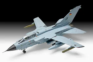 A completed 1/72 scale plastic model of a German Air Force Panavia Tornado fighter jet, painted in light grey with Luftwaffe markings.