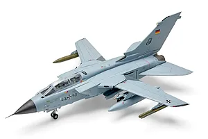 A fully assembled and painted 1/72 scale plastic model of a German Panavia Tornado fighter jet on a white background.