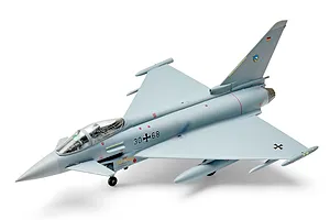A 1/72 scale plastic model of a Eurofighter Typhoon jet in German Air Force livery, displayed against a plain white background.