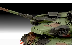 Close-up of a painted plastic model Leopard 2A7 tank turret and main gun barrel with camouflage paint.