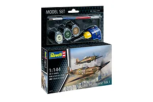 Revell 1/144 scale Spitfire Mk.Ia and Hurricane Mk.I model kit box with included paints, glue, and brush.