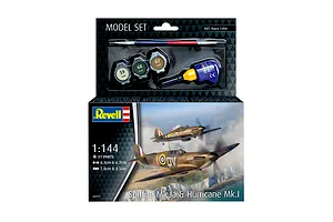 Revell 1/144 scale Spitfire Mk.Ia and Hurricane Mk.I plastic model starter kit box showing model aircraft, paints, glue, and a brush.