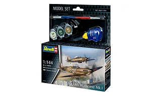 Revell 1/144 scale Spitfire Mk.ia and Hurricane Mk.i model kit box showing the finished aircraft in flight, including paint pots, glue, and a brush.