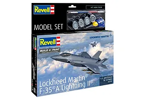 Revell 1/72 scale Lockheed Martin F-35A Lightning II model kit box featuring an illustration of the jet in flight, including paint and glue accessories.