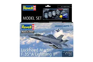 Revell 1/72 scale Lockheed Martin F-35A Lightning II plastic model kit box featuring an illustration of the jet in flight with included paints and glue.