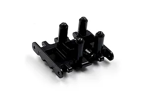 A black aluminium skid plate component for an RC vehicle, featuring four vertical mounting posts with threaded holes, isolated on a white background.