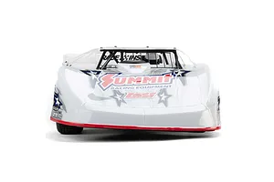 Front view of a white Losi 22S Dirt Late Model RC car with Summit Racing Equipment branding on a white background.