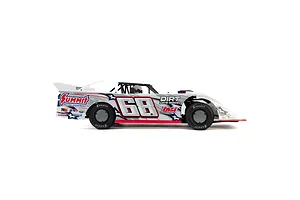 Side view of a Losi 22S Dirt Late Model RC car, white body with Summit Racing Equipment branding and number 68, on a white background.