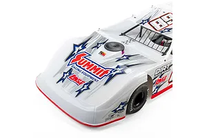 High-angle close-up of a white Losi 22S Dirt Late Model RC car featuring Summit Racing Equipment branding and Hoosier tires on a white background.