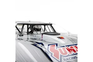 Close-up of the cockpit and roof area of a white Losi 22S Dirt Late Model RC car, showing the driver figure, roll cage, and K&amp;N branding.